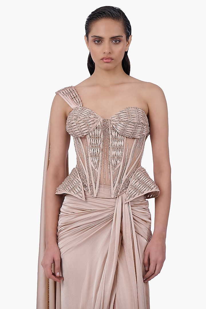 Haze Champagne Georgette Crystal Embroidered Sculpted Corset by Gaurav Gupta at Pernia's Pop Up Shop