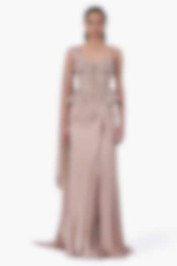 Haze Champagne Satin Shaded Draped Skirt Reception Saree by Gaurav Gupta at Pernia's Pop Up Shop