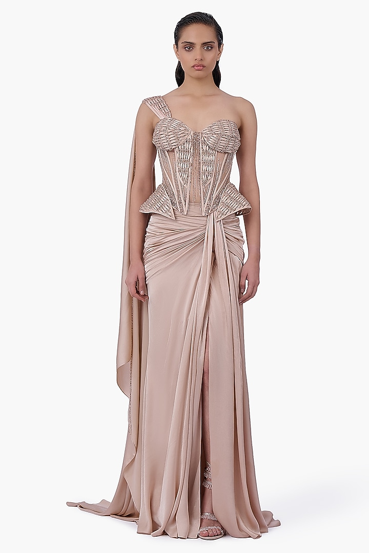 Haze Champagne Satin Shaded Draped Skirt Reception Saree by Gaurav Gupta at Pernia's Pop Up Shop