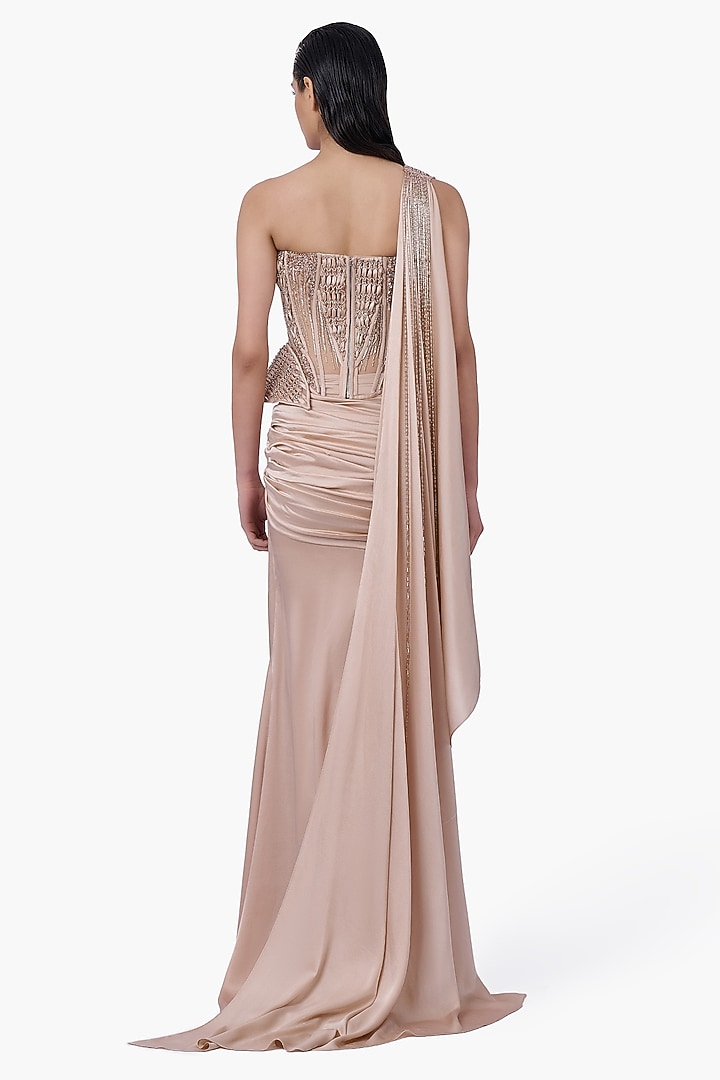 Haze Champagne Satin Shaded Draped Skirt Reception Saree by Gaurav Gupta at Pernia's Pop Up Shop