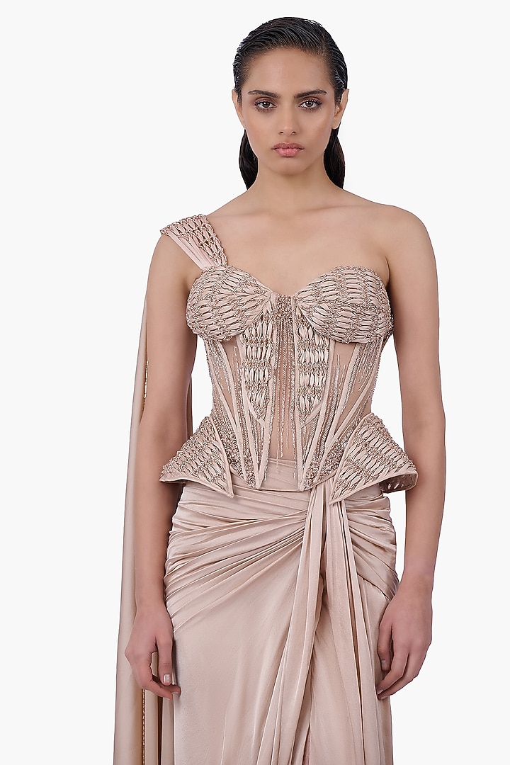 Haze Champagne Satin Shaded Draped Skirt Reception Saree by Gaurav Gupta at Pernia's Pop Up Shop