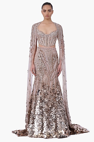 Haze Champagne Net Crystal Embroidered Mermaid Lehenga Set by Gaurav Gupta