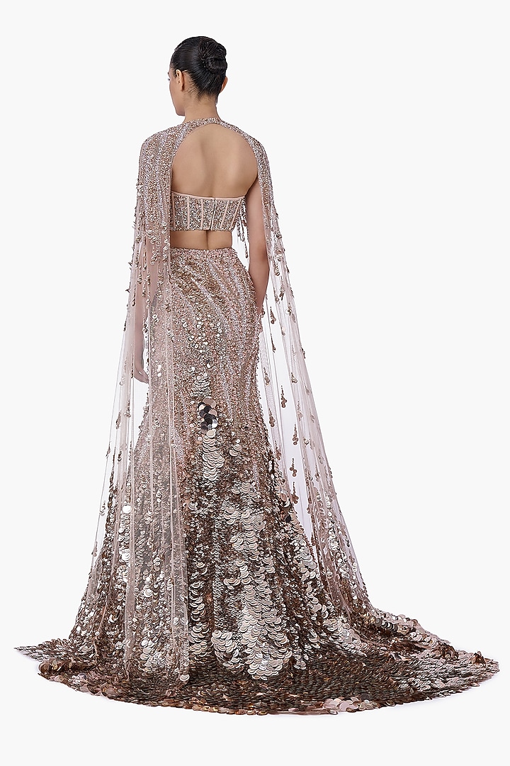 Haze Champagne Net Crystal Embroidered Mermaid Bridal Lehenga Set by Gaurav Gupta at Pernia's Pop Up Shop