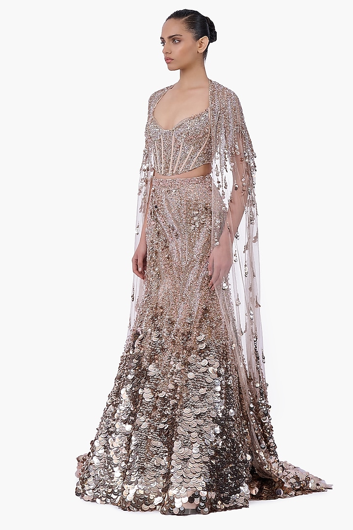 Haze Champagne Net Crystal Embroidered Mermaid Bridal Lehenga Set by Gaurav Gupta at Pernia's Pop Up Shop