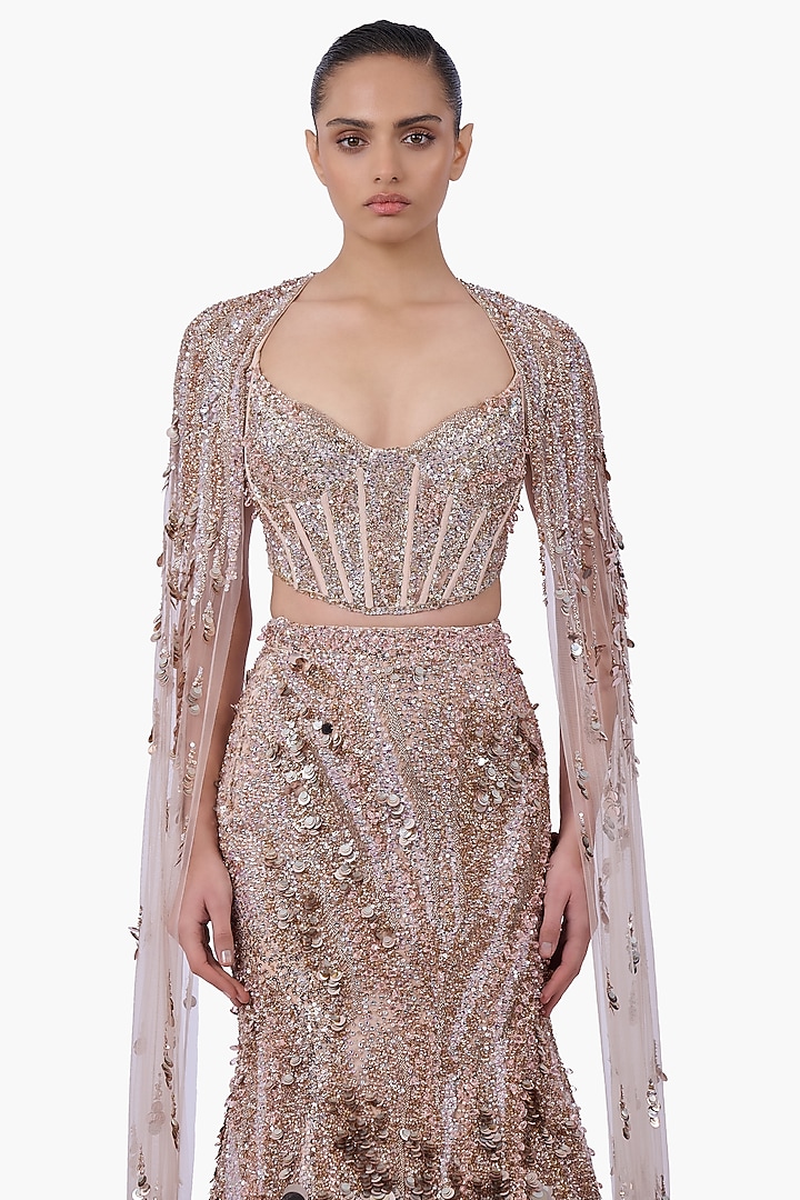 Haze Champagne Net Crystal Embroidered Mermaid Bridal Lehenga Set by Gaurav Gupta at Pernia's Pop Up Shop