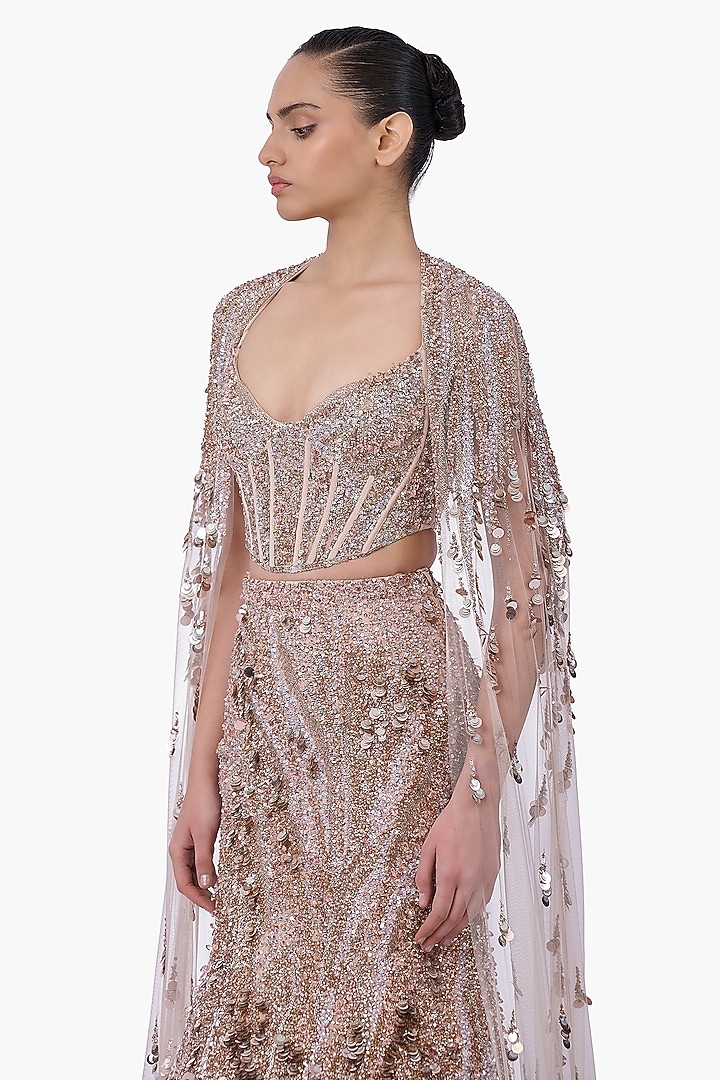 Haze Champagne Net Crystal Embroidered Mermaid Bridal Lehenga Set by Gaurav Gupta at Pernia's Pop Up Shop