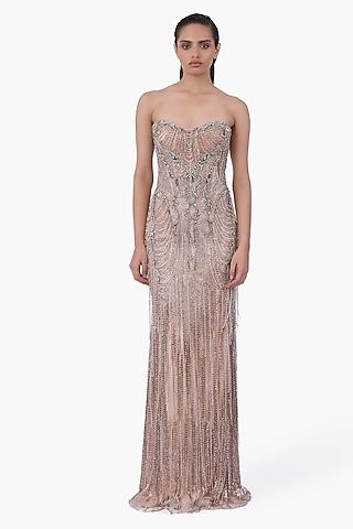 Light Champagne Tulle Crystal Embroidered Gown by Gaurav Gupta
