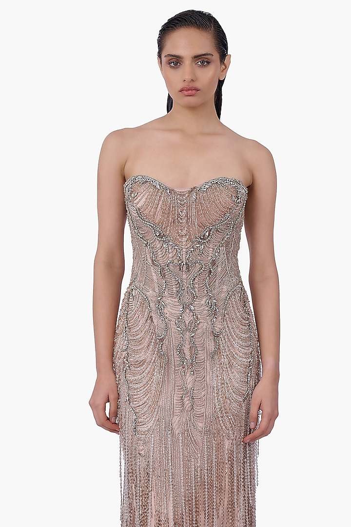 Light Champagne Tulle Crystal Embroidered Bridal Gown by Gaurav Gupta at Pernia's Pop Up Shop