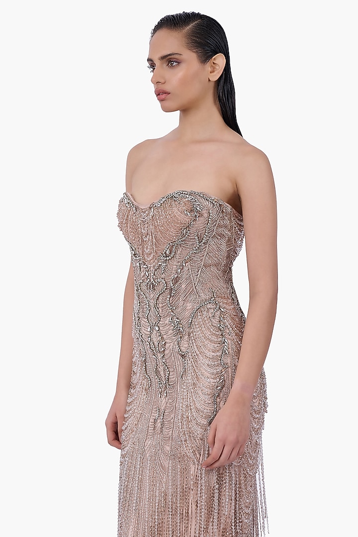 Light Champagne Tulle Crystal Embroidered Bridal Gown by Gaurav Gupta at Pernia's Pop Up Shop