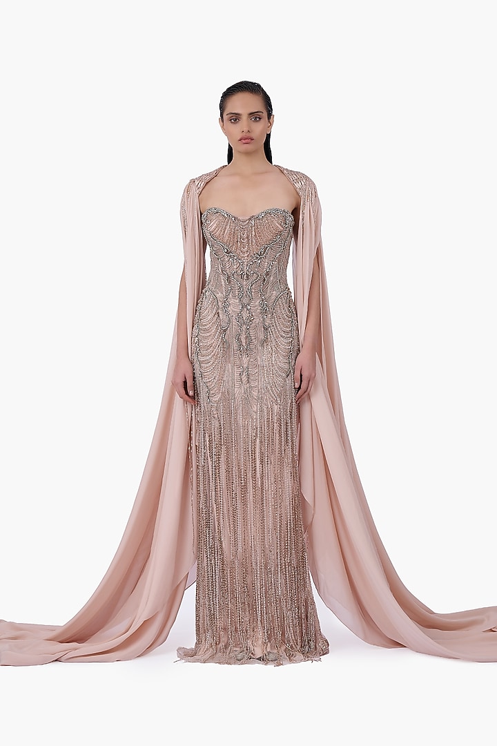 Light Champagne Chiffon Cape by Gaurav Gupta at Pernia's Pop Up Shop