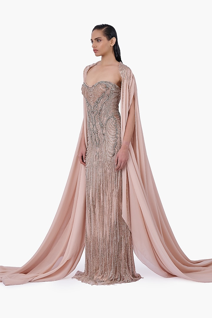 Light Champagne Chiffon Cape by Gaurav Gupta at Pernia's Pop Up Shop