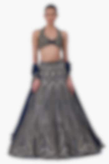 Night Blue Georgette Linear Embroidered Flared Bridal Lehenga Set by Gaurav Gupta at Pernia's Pop Up Shop