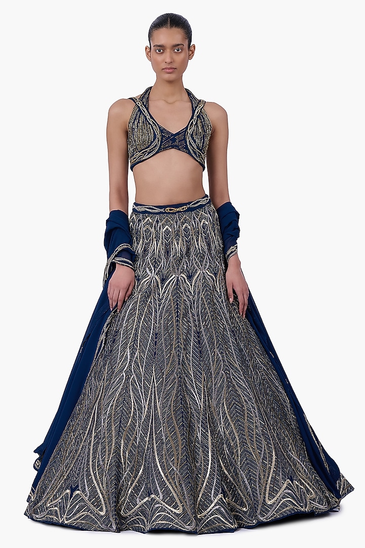 Night Blue Georgette Linear Embroidered Flared Bridal Lehenga Set by Gaurav Gupta at Pernia's Pop Up Shop