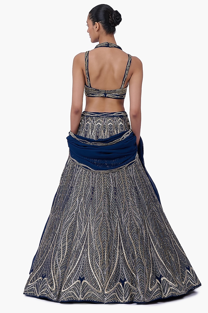 Night Blue Georgette Linear Embroidered Flared Bridal Lehenga Set by Gaurav Gupta at Pernia's Pop Up Shop