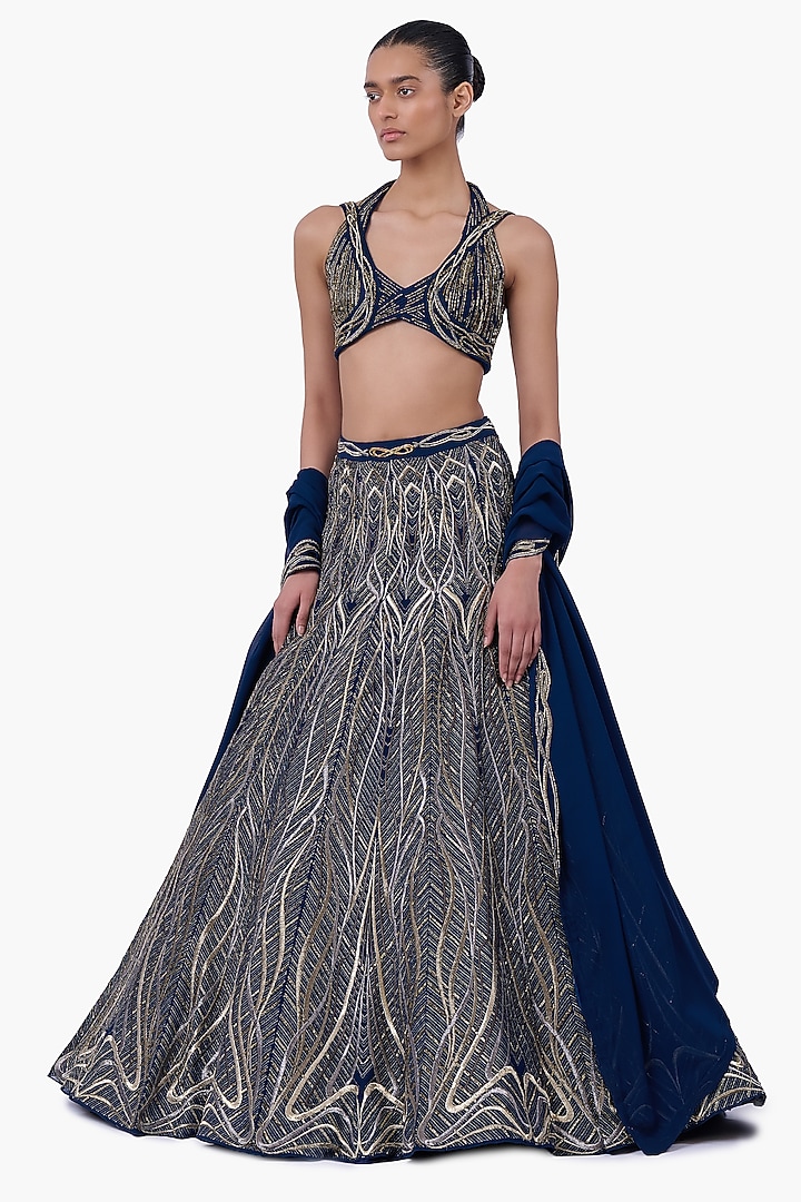 Night Blue Georgette Linear Embroidered Flared Bridal Lehenga Set by Gaurav Gupta at Pernia's Pop Up Shop