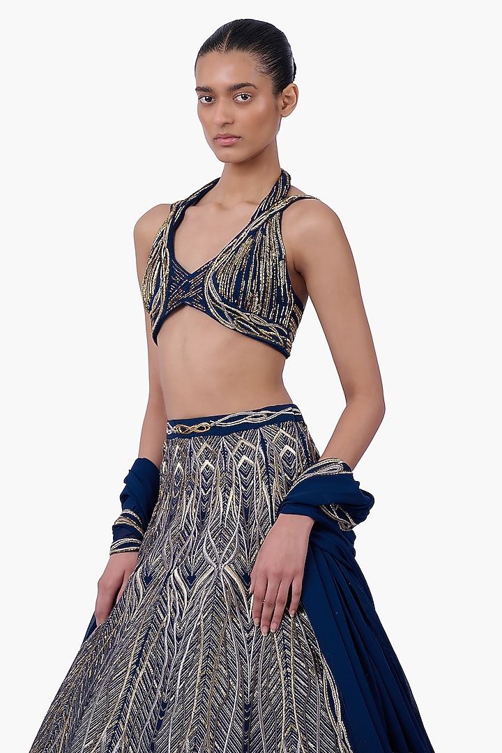 Night Blue Georgette Linear Embroidered Flared Bridal Lehenga Set by Gaurav Gupta at Pernia's Pop Up Shop