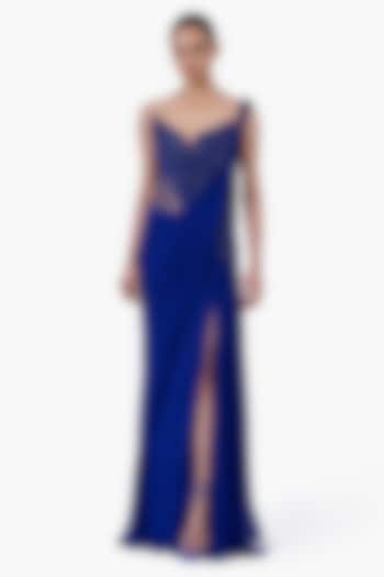 Electric Blue Georgette Draped Bridal Gown Saree by Gaurav Gupta at Pernia's Pop Up Shop