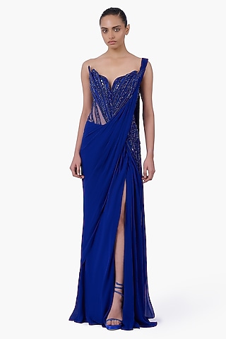 Electric Blue Georgette Draped Gown Saree by Gaurav Gupta