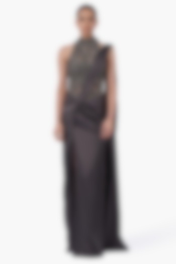 Ivy Grey Satin Embellished Draped Bridal Gown Saree by Gaurav Gupta at Pernia's Pop Up Shop