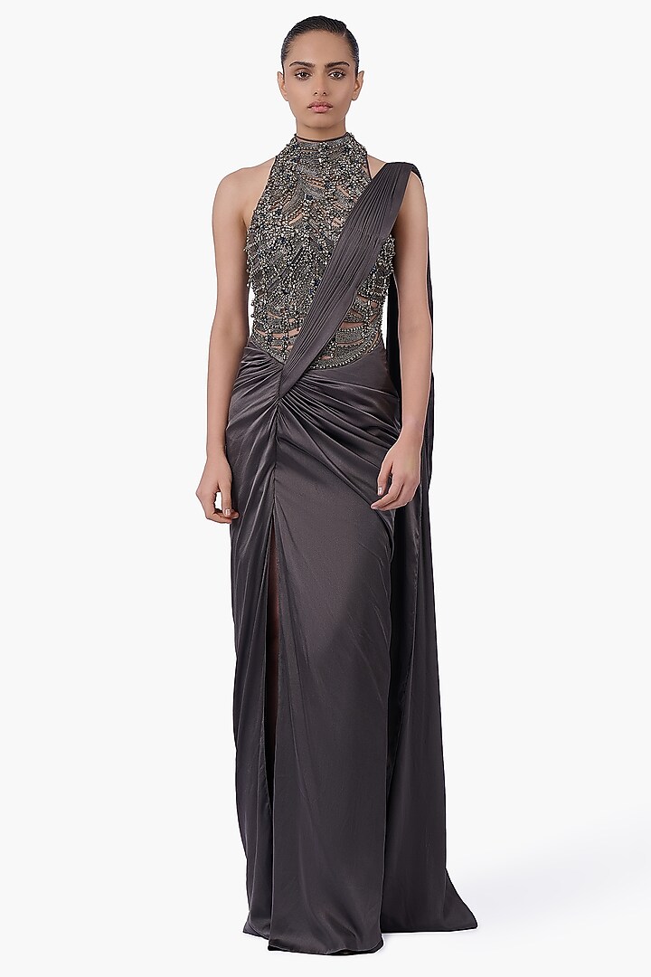 Ivy Grey Satin Embellished Draped Bridal Gown Saree by Gaurav Gupta at Pernia's Pop Up Shop