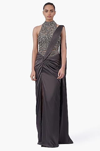 Ivy Grey Satin Embellished Draped Gown Saree by Gaurav Gupta