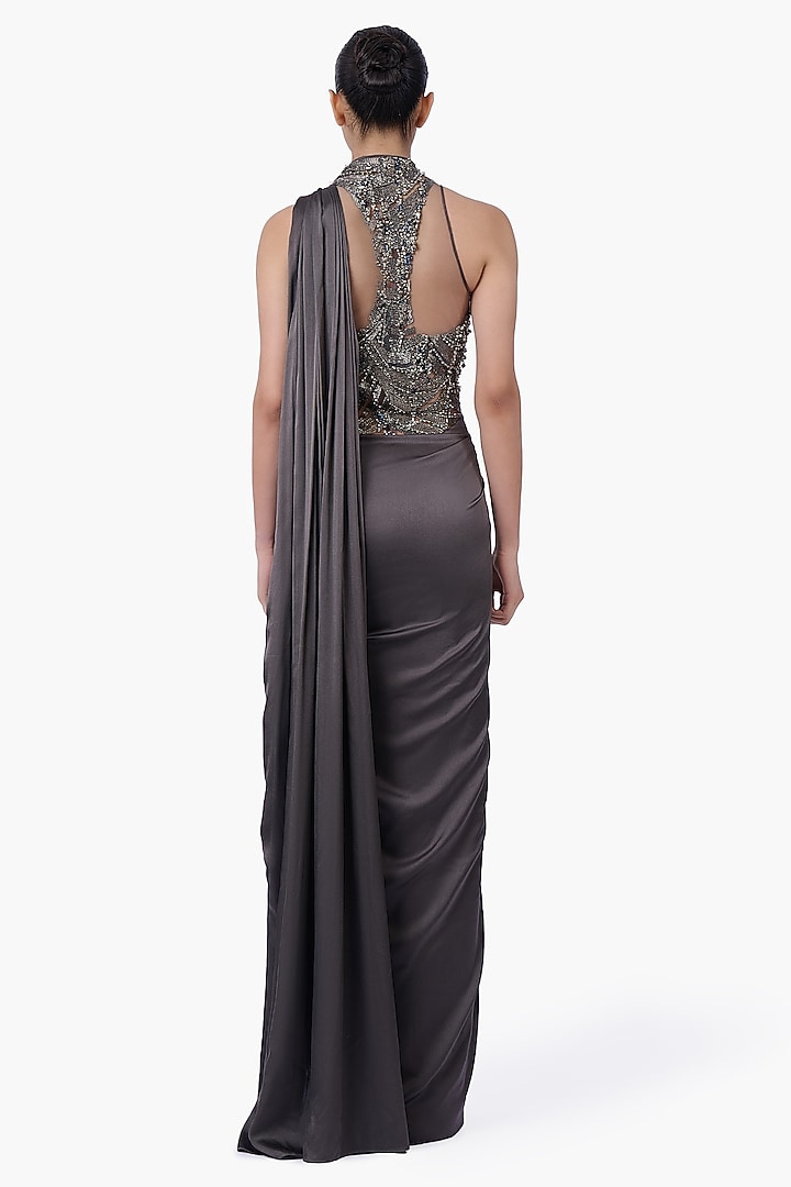 Ivy Grey Satin Embellished Draped Bridal Gown Saree by Gaurav Gupta at Pernia's Pop Up Shop