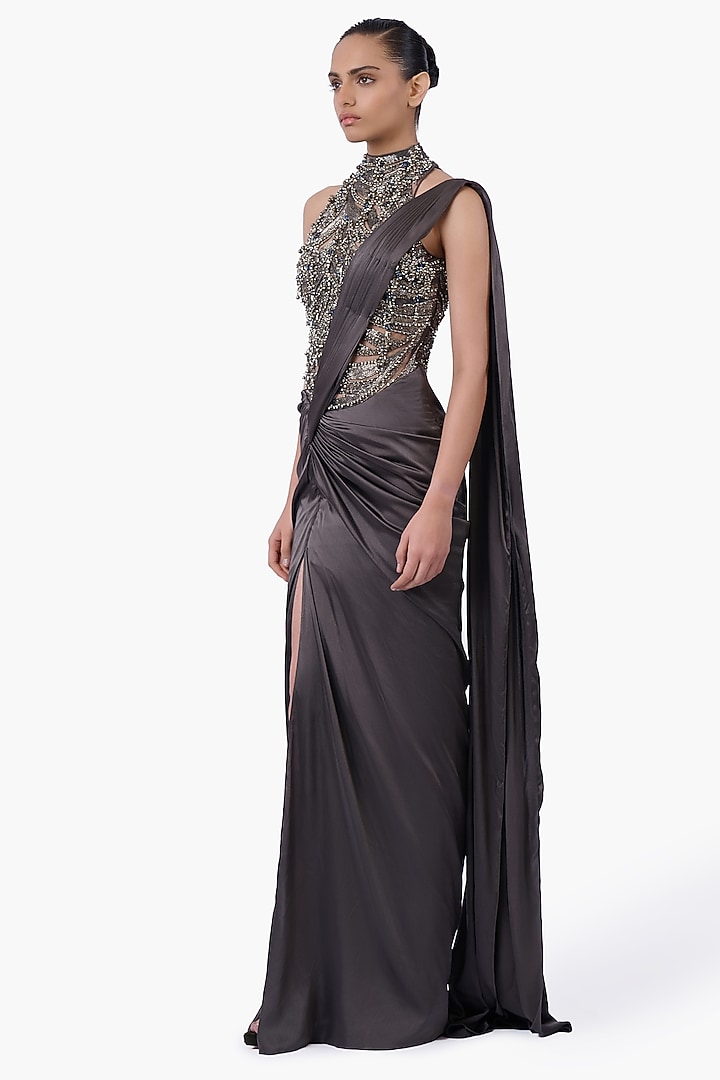 Ivy Grey Satin Embellished Draped Bridal Gown Saree by Gaurav Gupta at Pernia's Pop Up Shop