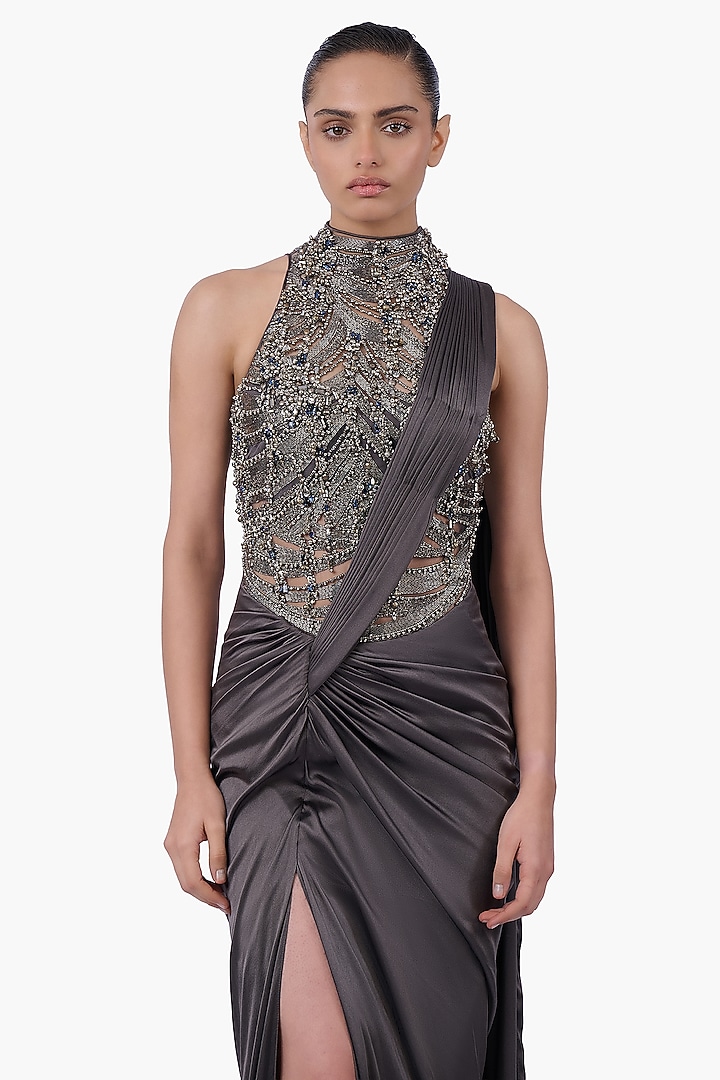Ivy Grey Satin Embellished Draped Bridal Gown Saree by Gaurav Gupta at Pernia's Pop Up Shop