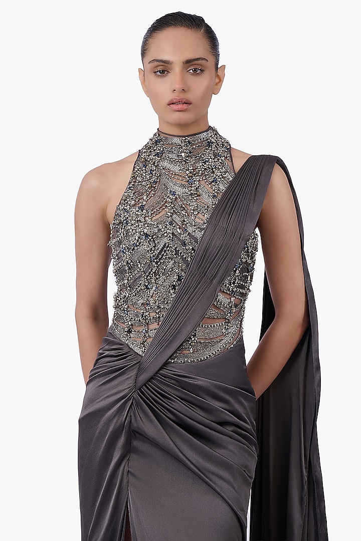 Ivy Grey Satin Embellished Draped Bridal Gown Saree by Gaurav Gupta at Pernia's Pop Up Shop