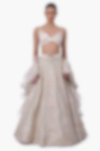 Sage Gold Stretch Satin Embroidered Bridal Lehenga Set by Gaurav Gupta at Pernia's Pop Up Shop