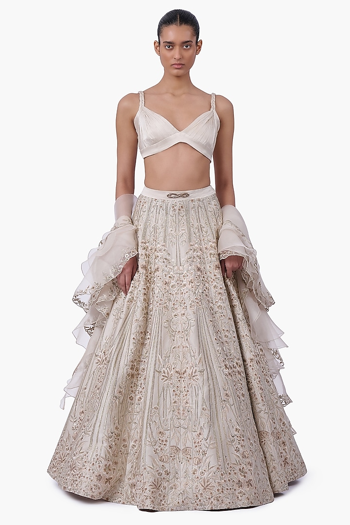 Sage Gold Stretch Satin Embroidered Bridal Lehenga Set by Gaurav Gupta at Pernia's Pop Up Shop