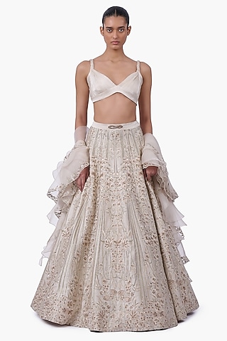 Sage Gold Stretch Satin Embroidered Lehenga Set by Gaurav Gupta