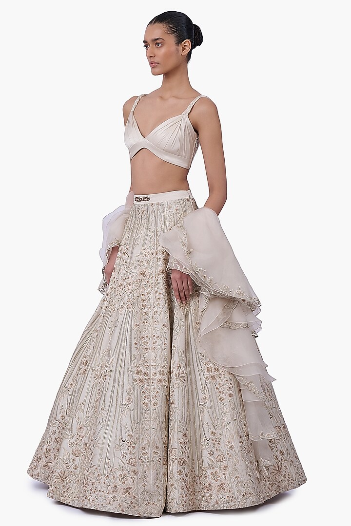 Sage Gold Stretch Satin Embroidered Bridal Lehenga Set by Gaurav Gupta at Pernia's Pop Up Shop
