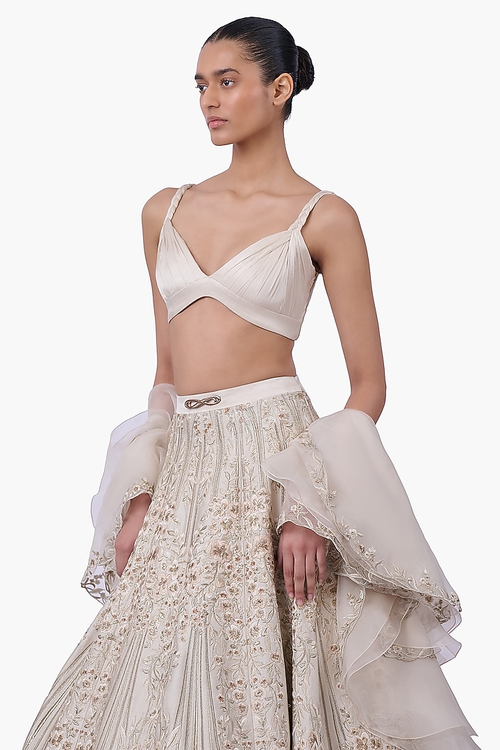 Sage Gold Stretch Satin Embroidered Bridal Lehenga Set by Gaurav Gupta at Pernia's Pop Up Shop