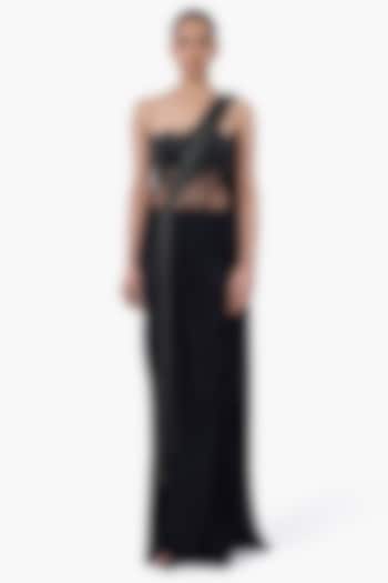 Black Tulle & Stretch Satin Embellished Draped Bridal Gown Saree by Gaurav Gupta at Pernia's Pop Up Shop