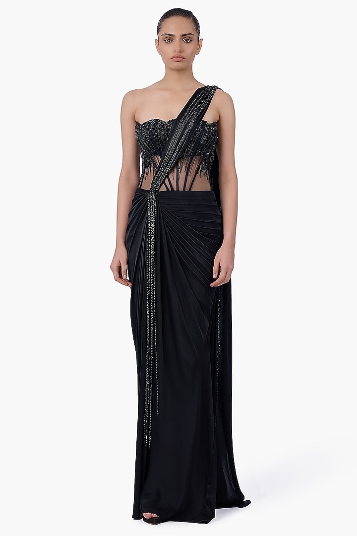 Black Tulle & Stretch Satin Embellished Draped Bridal Gown Saree by Gaurav Gupta at Pernia's Pop Up Shop