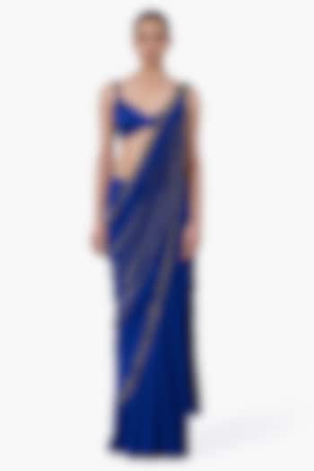Royal Blue Chiffon & Stretch Satin Embellished Draped Bridal Saree Set by Gaurav Gupta at Pernia's Pop Up Shop