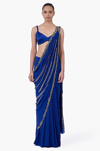Royal Blue Chiffon & Stretch Satin Embellished Draped Saree Set by Gaurav Gupta