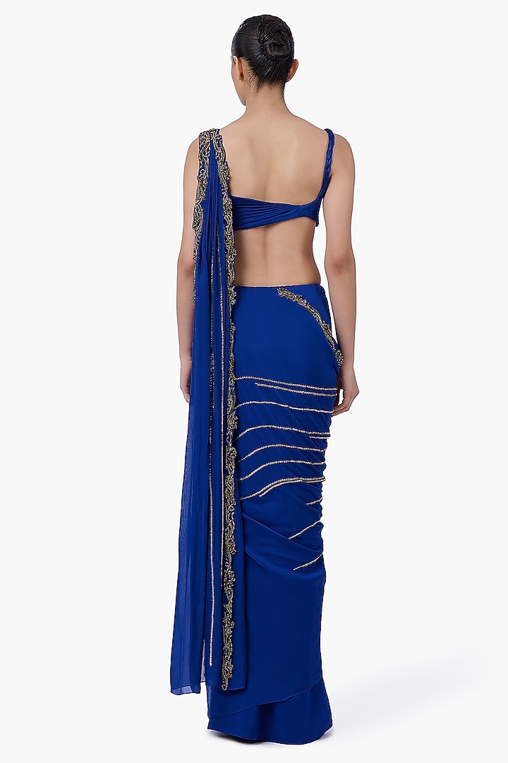 Royal Blue Chiffon & Stretch Satin Embellished Draped Bridal Saree Set by Gaurav Gupta at Pernia's Pop Up Shop