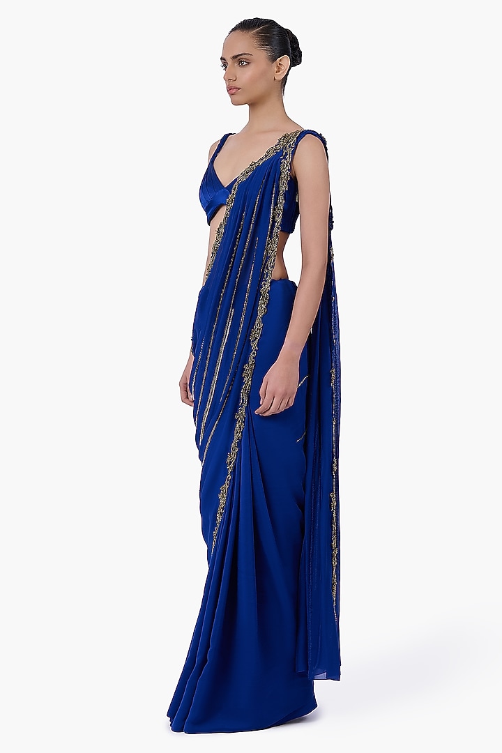 Royal Blue Chiffon & Stretch Satin Embellished Draped Bridal Saree Set by Gaurav Gupta at Pernia's Pop Up Shop