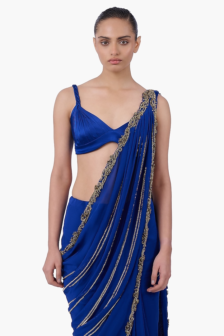 Royal Blue Chiffon & Stretch Satin Embellished Draped Bridal Saree Set by Gaurav Gupta at Pernia's Pop Up Shop