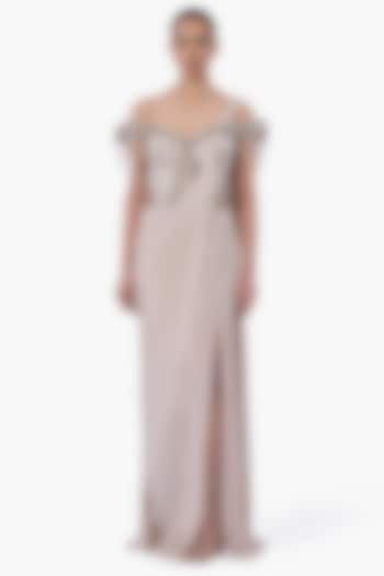 Sage Gold Georgette Embellished Draped Bridal Gown Saree by Gaurav Gupta at Pernia's Pop Up Shop