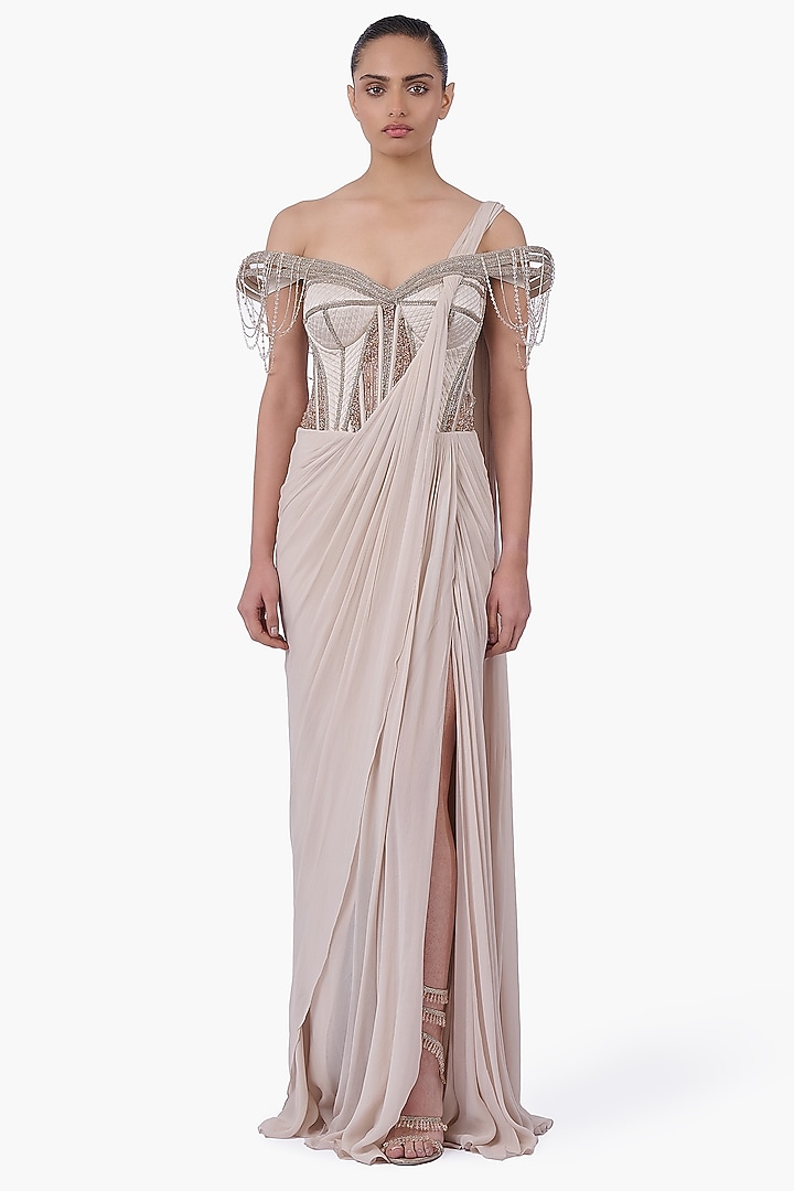 Sage Gold Georgette Embellished Draped Bridal Gown Saree by Gaurav Gupta at Pernia's Pop Up Shop