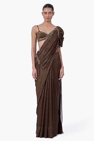 Vintage Rust Foiled Chiffon Draped Saree Set by Gaurav Gupta