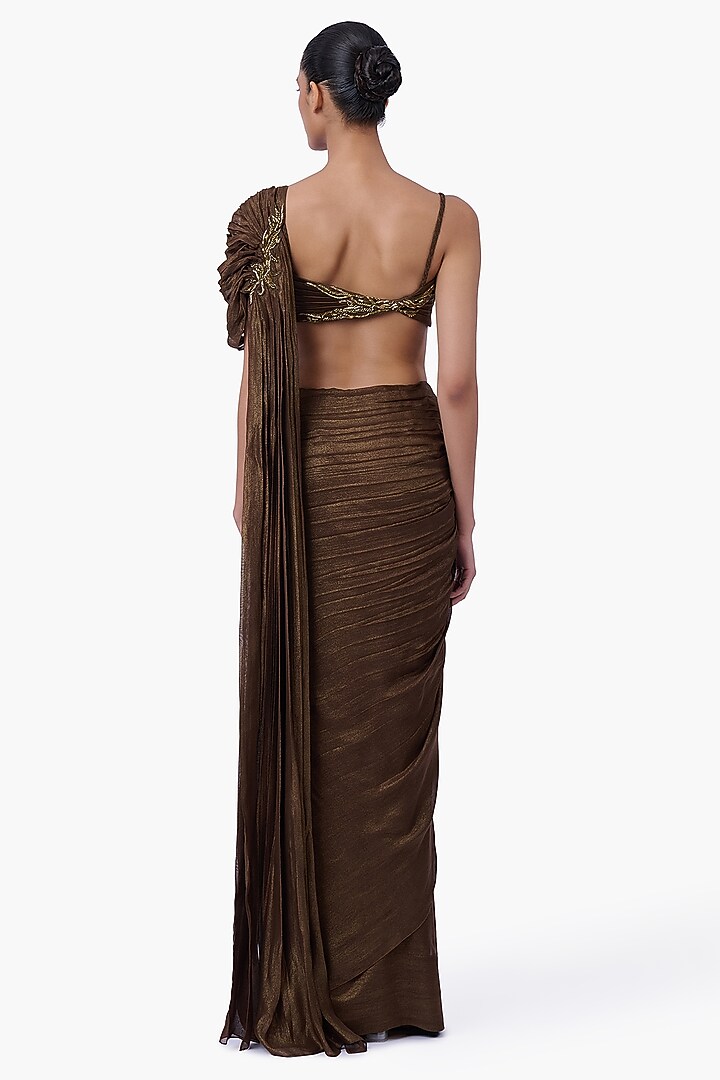 Vintage Rust Foiled Chiffon Draped Bridal Saree Set by Gaurav Gupta at Pernia's Pop Up Shop
