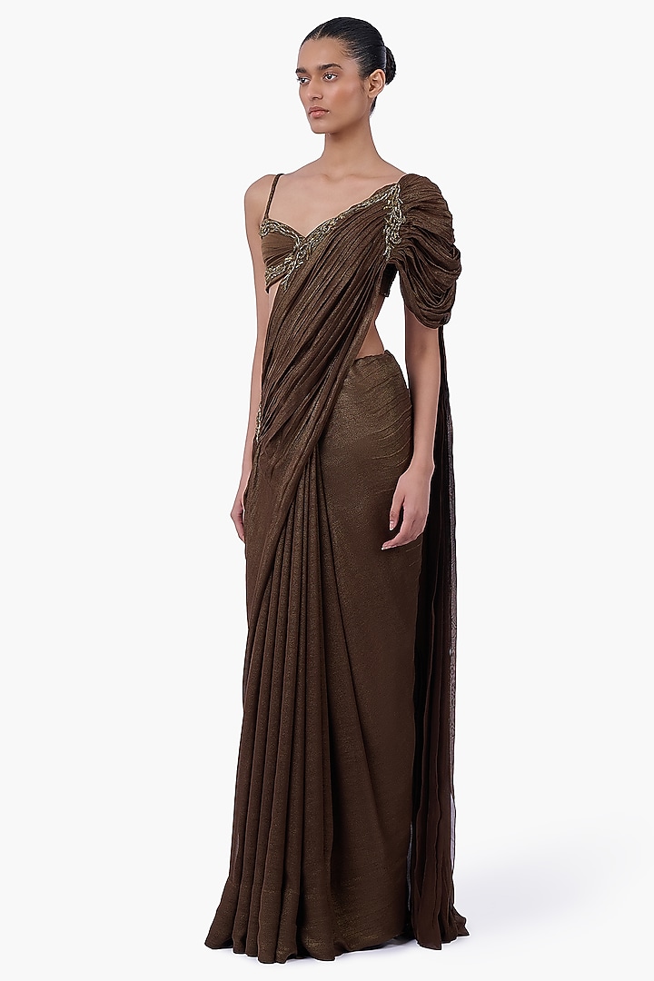 Vintage Rust Foiled Chiffon Draped Bridal Saree Set by Gaurav Gupta at Pernia's Pop Up Shop