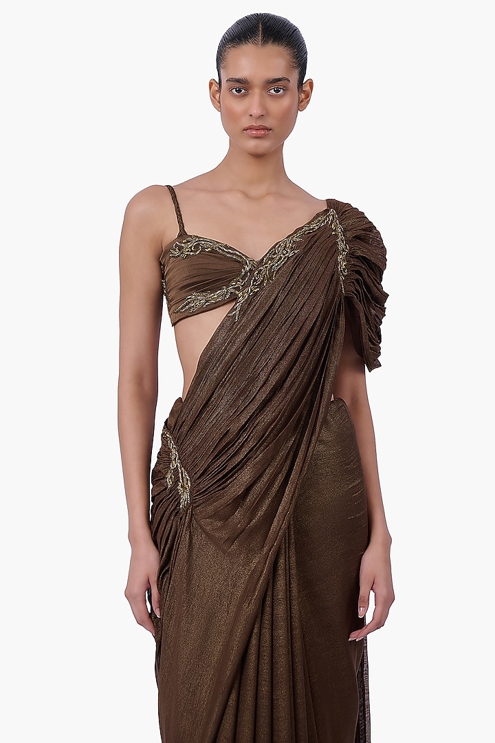 Vintage Rust Foiled Chiffon Draped Bridal Saree Set by Gaurav Gupta at Pernia's Pop Up Shop