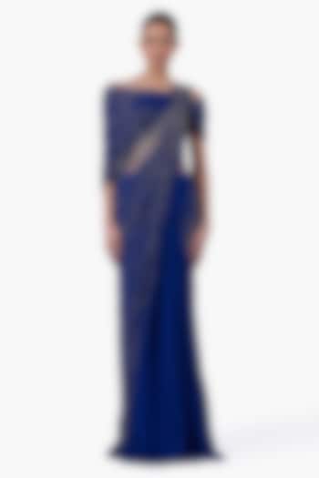 Royal Blue Georgette Embellished Draped Bridal Gown Saree by Gaurav Gupta at Pernia's Pop Up Shop