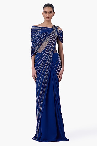 Royal Blue Georgette Embellished Draped Gown Saree by Gaurav Gupta