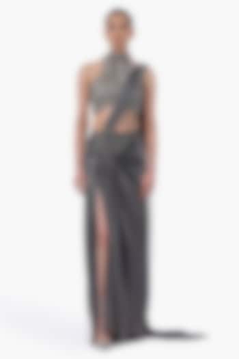 Ivy Grey Satin Draped Bridal Saree Set by Gaurav Gupta at Pernia's Pop Up Shop